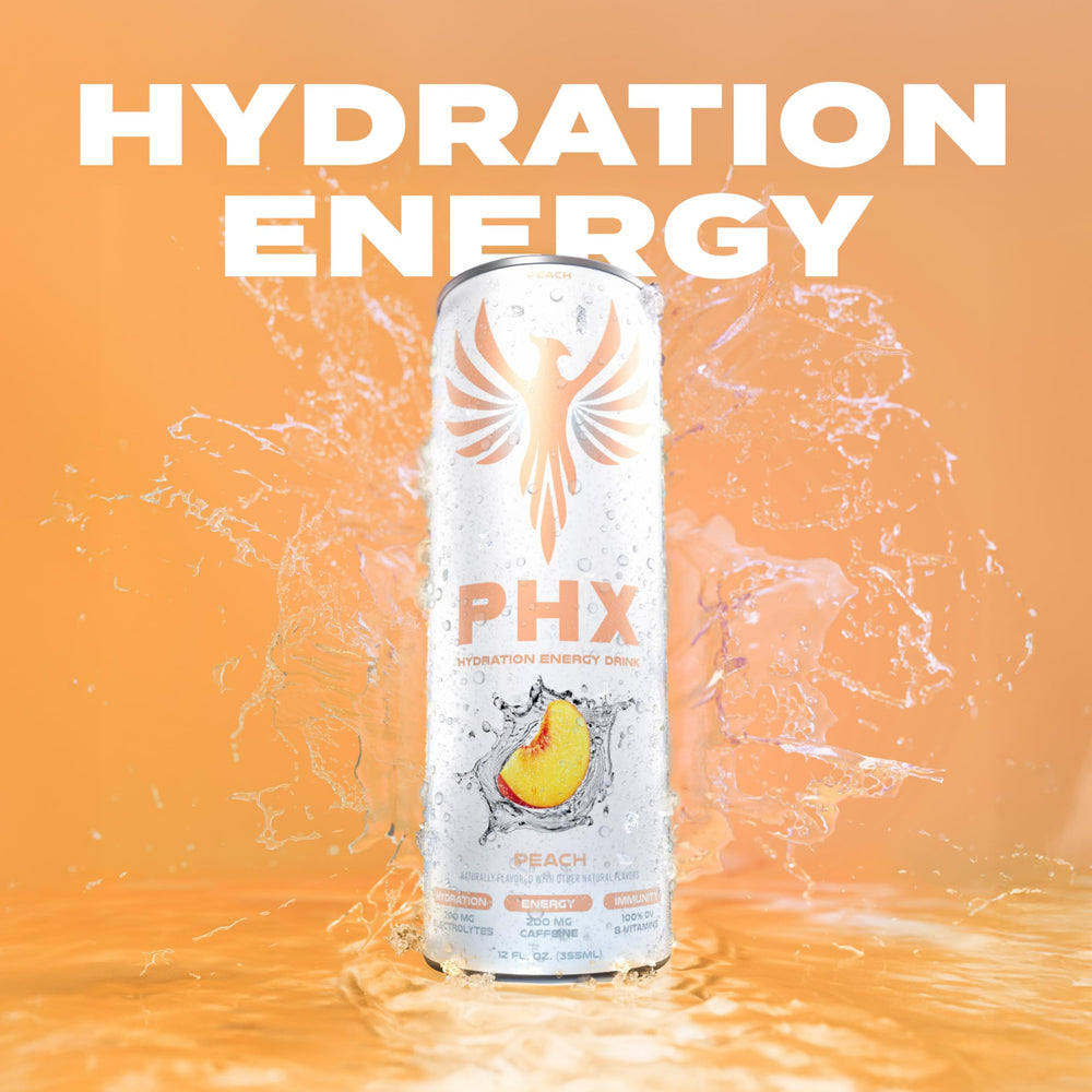 PHX peach can beside runner illustrating energy and workout recovery