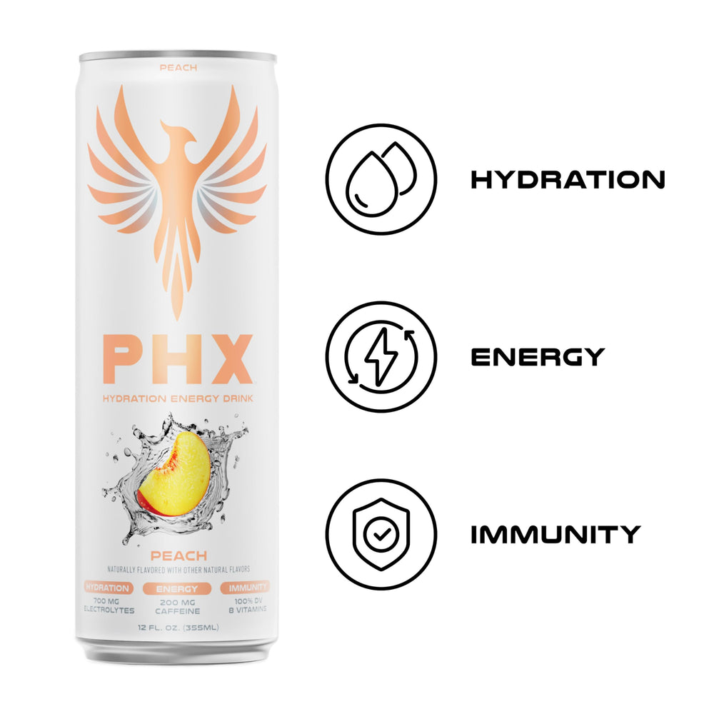 PHX peach can held in hand for scale conveying portable hydration