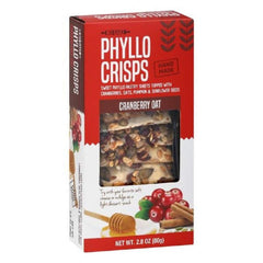 Phyllo Cranberry Oat front packaging showing crisp box and serving suggestion benefit: easy entertaining