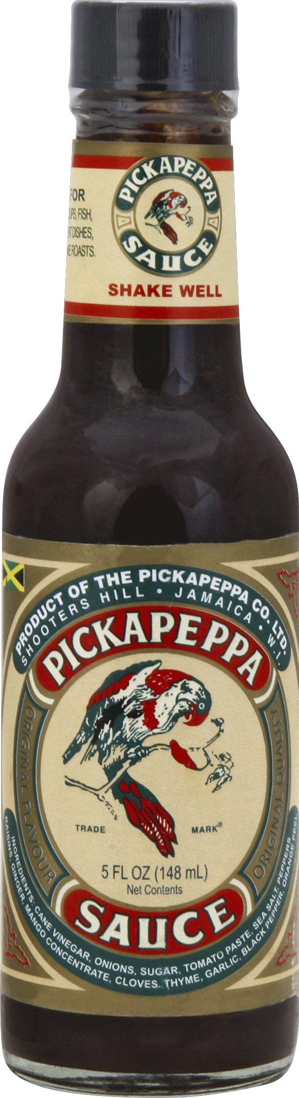 Pickapeppa bottle front label showing brand and serving suggestion benefit