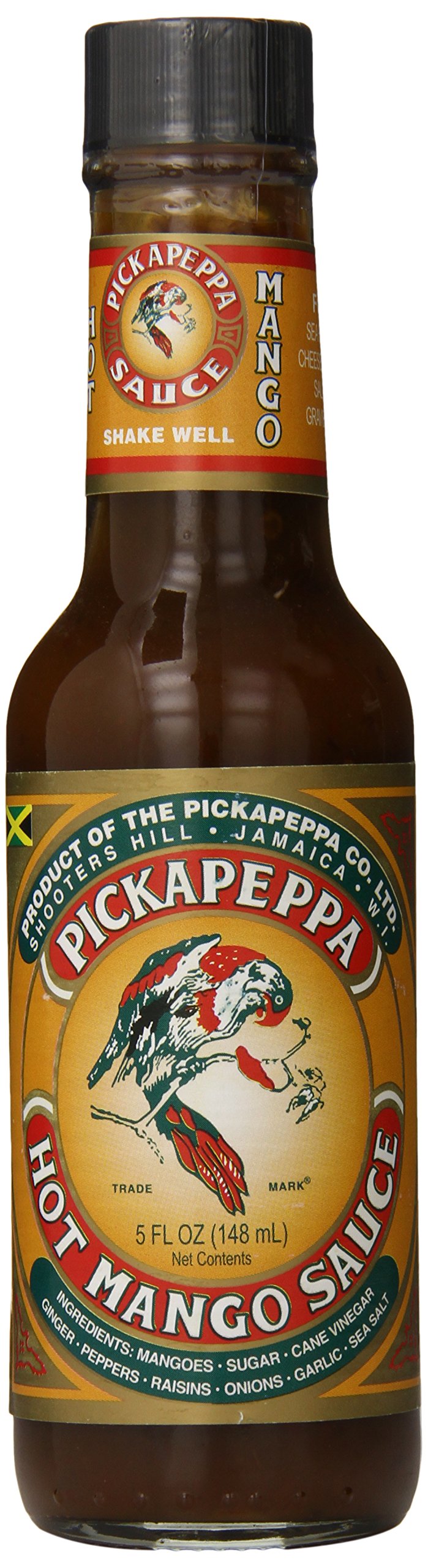 Pickapeppa bottle front label showing mango hot sauce for clear identification and appeal