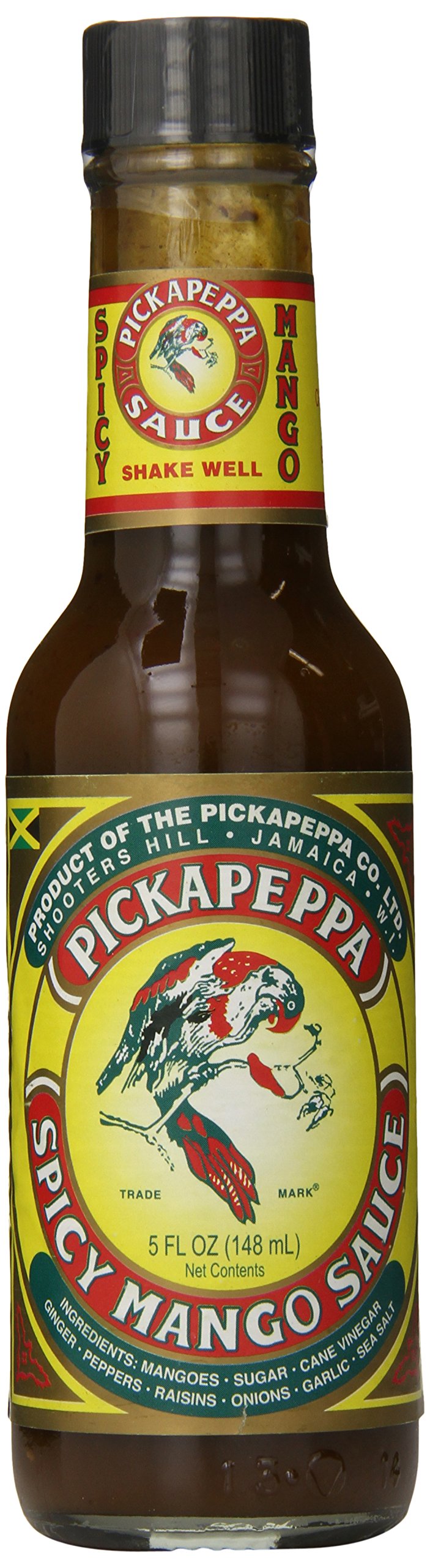 Pickapeppa mango spicy front bottle showing label and vibrant color for easy pantry pick