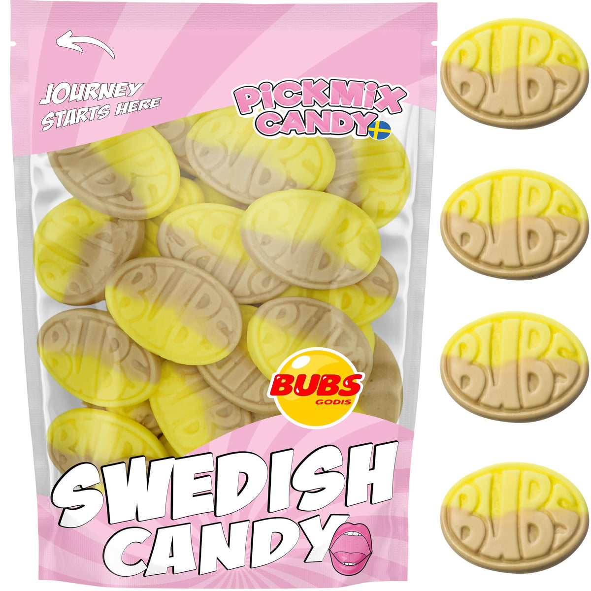 Pickmix Candy Sweden front packaging showing banana Bubs bag and freshness