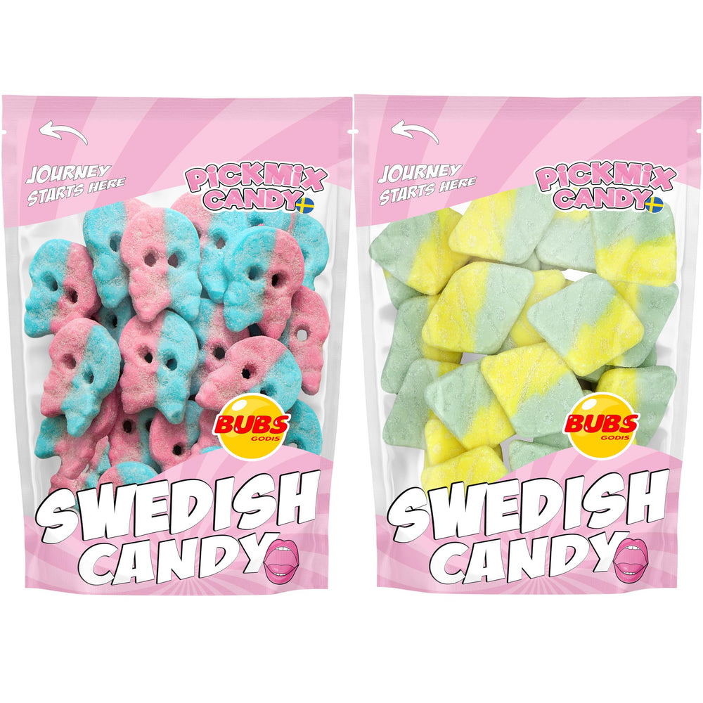 Pickmix Candy Sweden front packaging showing Bubs Tutti Frutti Rombs and Dizzy Skulls, clear labeling and resealable bag benefit
