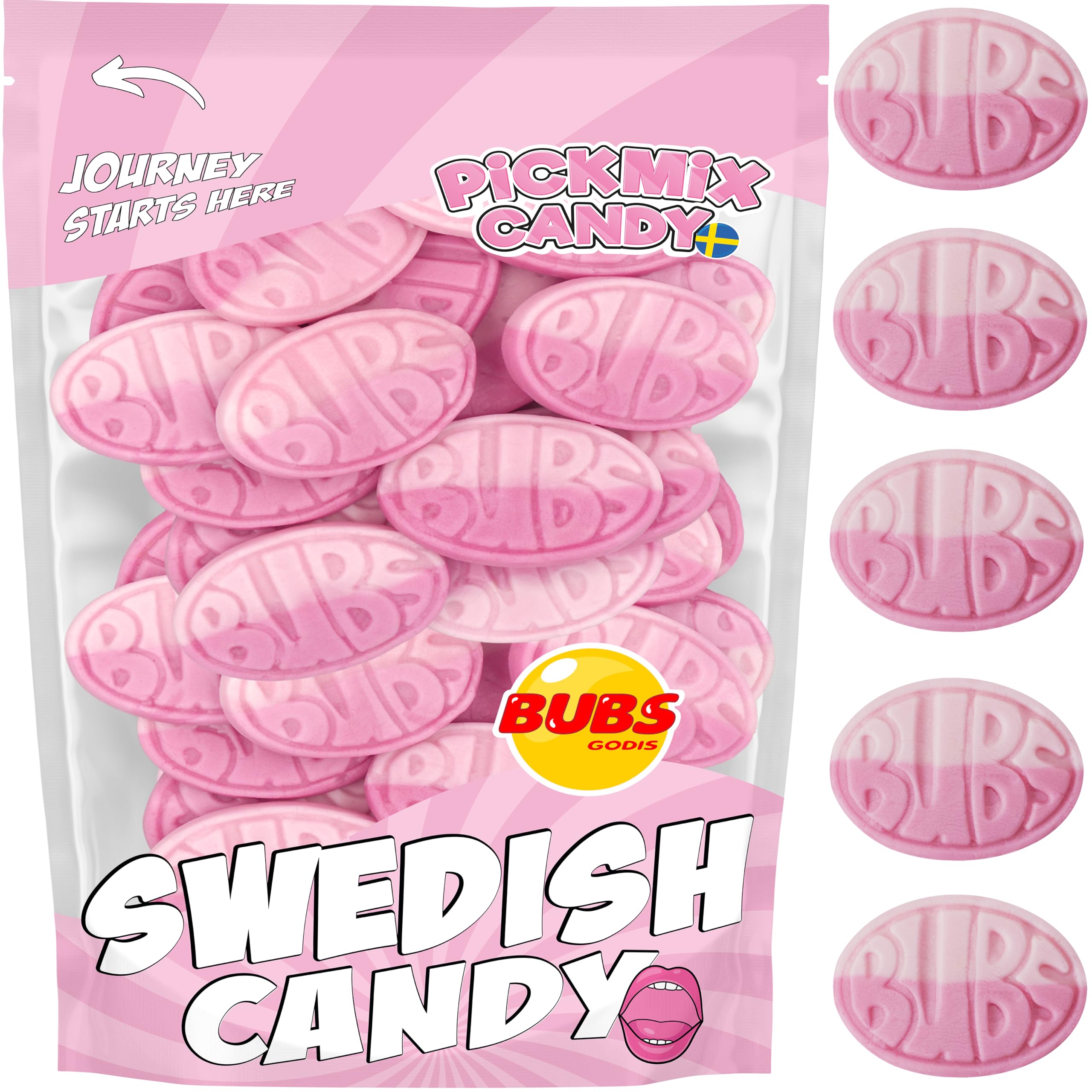 Pickmix Candy Sweden bag front view showing Bubs branding and colorful ovals for visual appeal