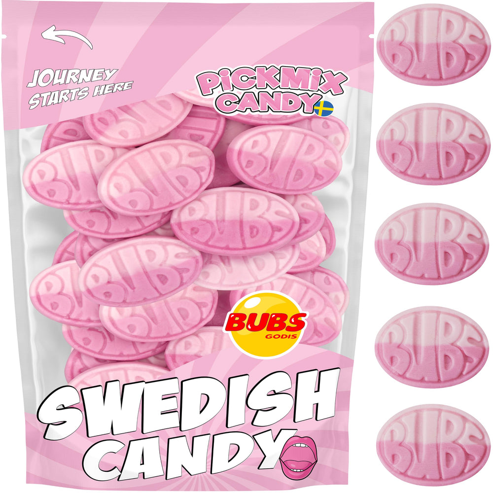 Pickmix Candy Sweden bag front view showing Bubs branding and colorful ovals for visual appeal