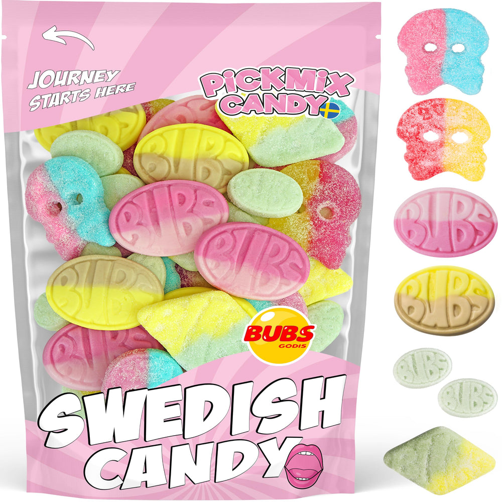 Pickmix Candy Sweden BUBS front packaging shows 1 lb bag and branding, easy shelf pick