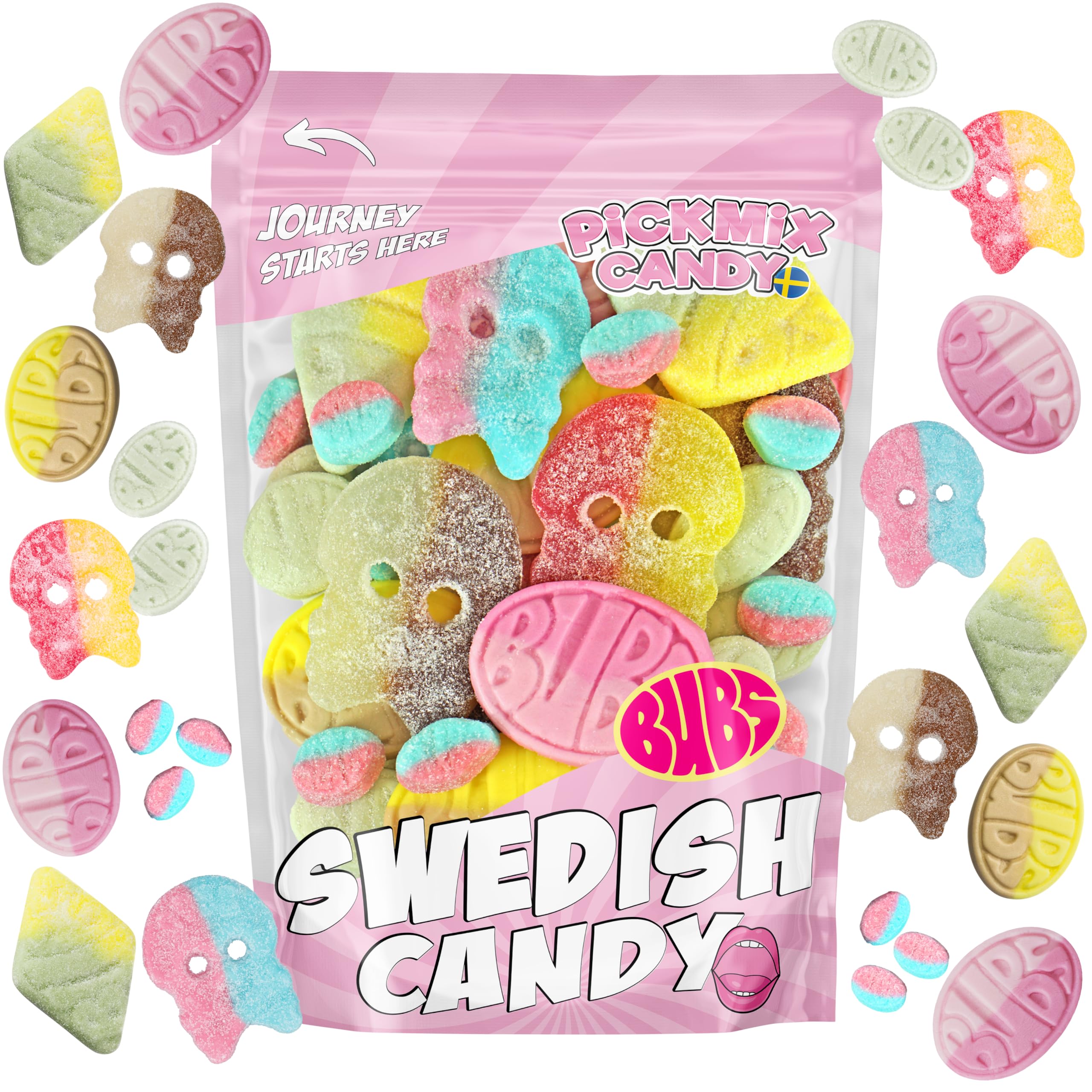 Pickmix Candy Sweden front pouch showing BUBS mix and vibrant design for freshness