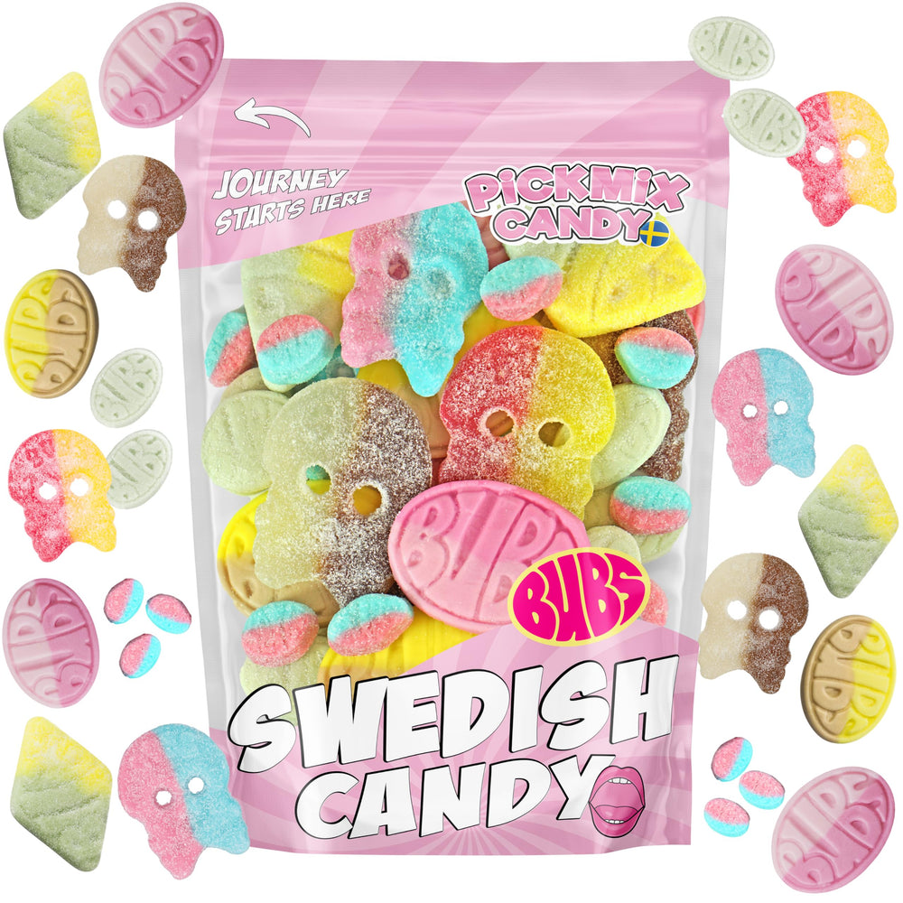 Pickmix Candy Sweden front pouch showing BUBS mix and vibrant design for freshness
