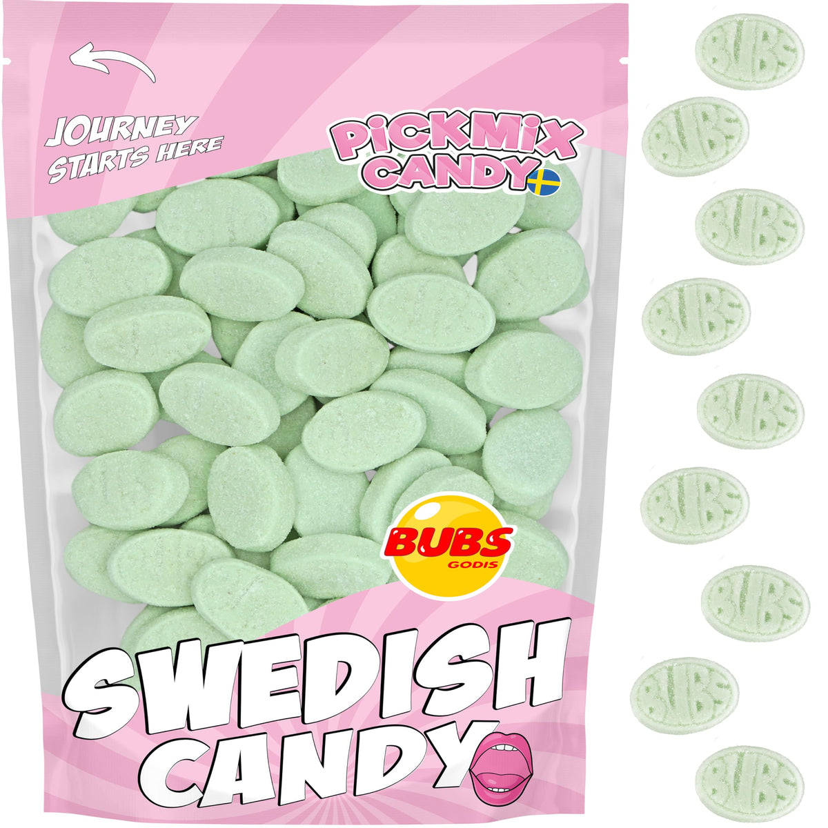 Pickmix Candy Sweden front packaging showing 1 lb BUBS Fruity Pear bag and clear branding