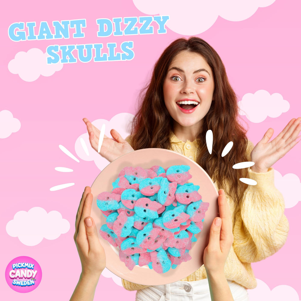 Pickmix Candy Sweden portion size and scale beside a hand showing bag quantity for serving