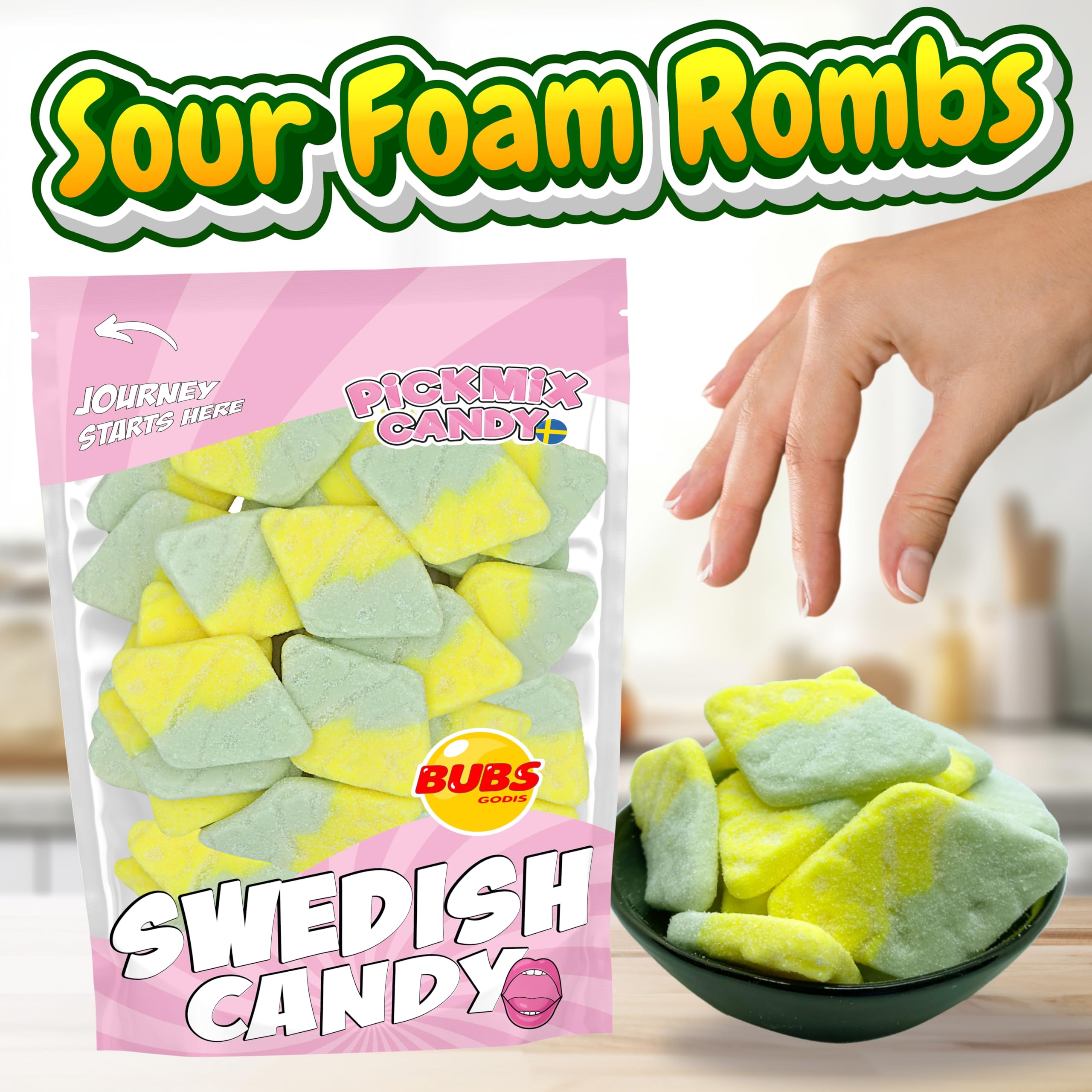 Hand holding BUBS rhombus for size reference, Pickmix Candy Sweden offers portion clarity