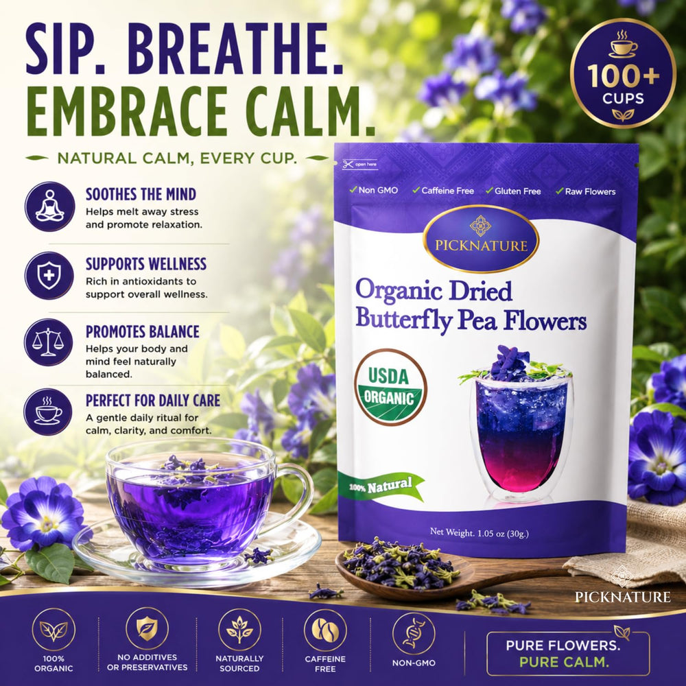 PICKNATURE pouring brewed blue tea from teapot showcasing vivid natural color