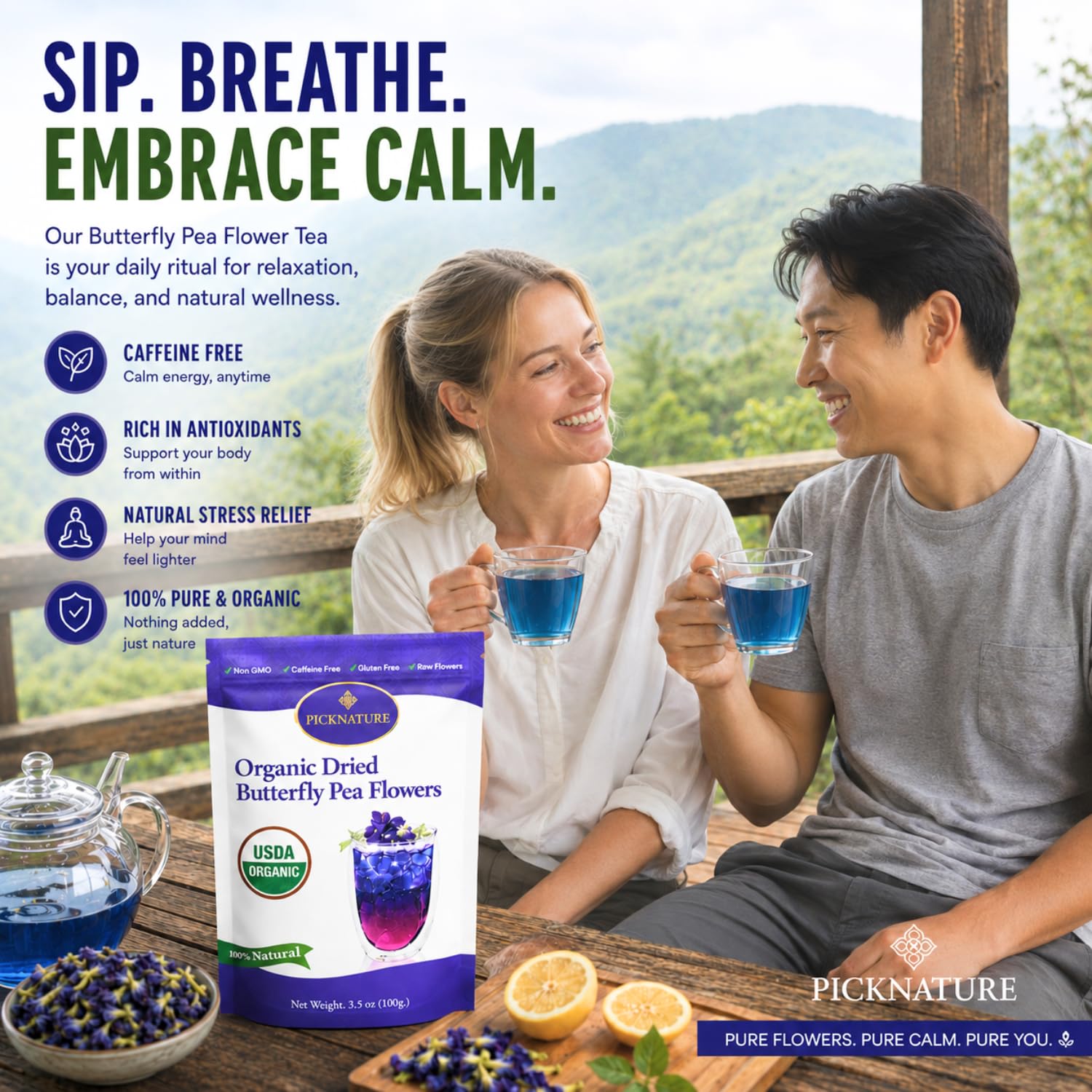 PICKNATURE styled kitchen scene serving tea, presents product in everyday lifestyle use