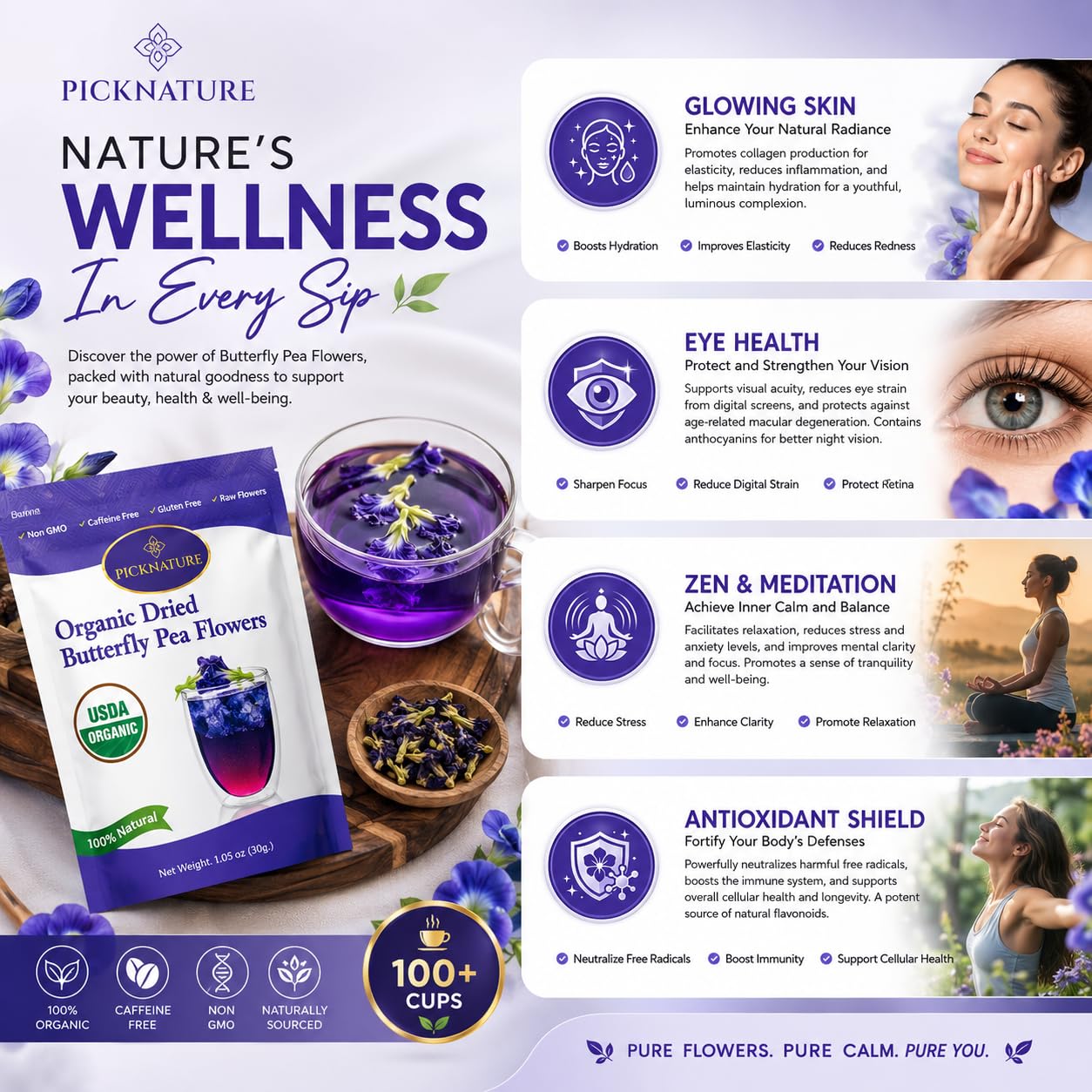 PICKNATURE loose blue butterfly pea flowers close-up, highlights natural color and texture