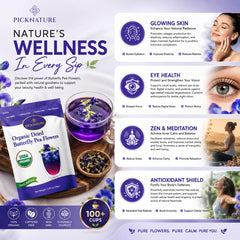 PICKNATURE close-up of dried butterfly pea flowers highlighting natural color and texture