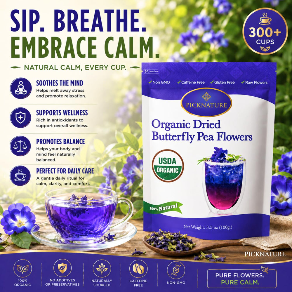 PICKNATURE pouring tea into cup, demonstrates easy brewing and vibrant blue infusion
