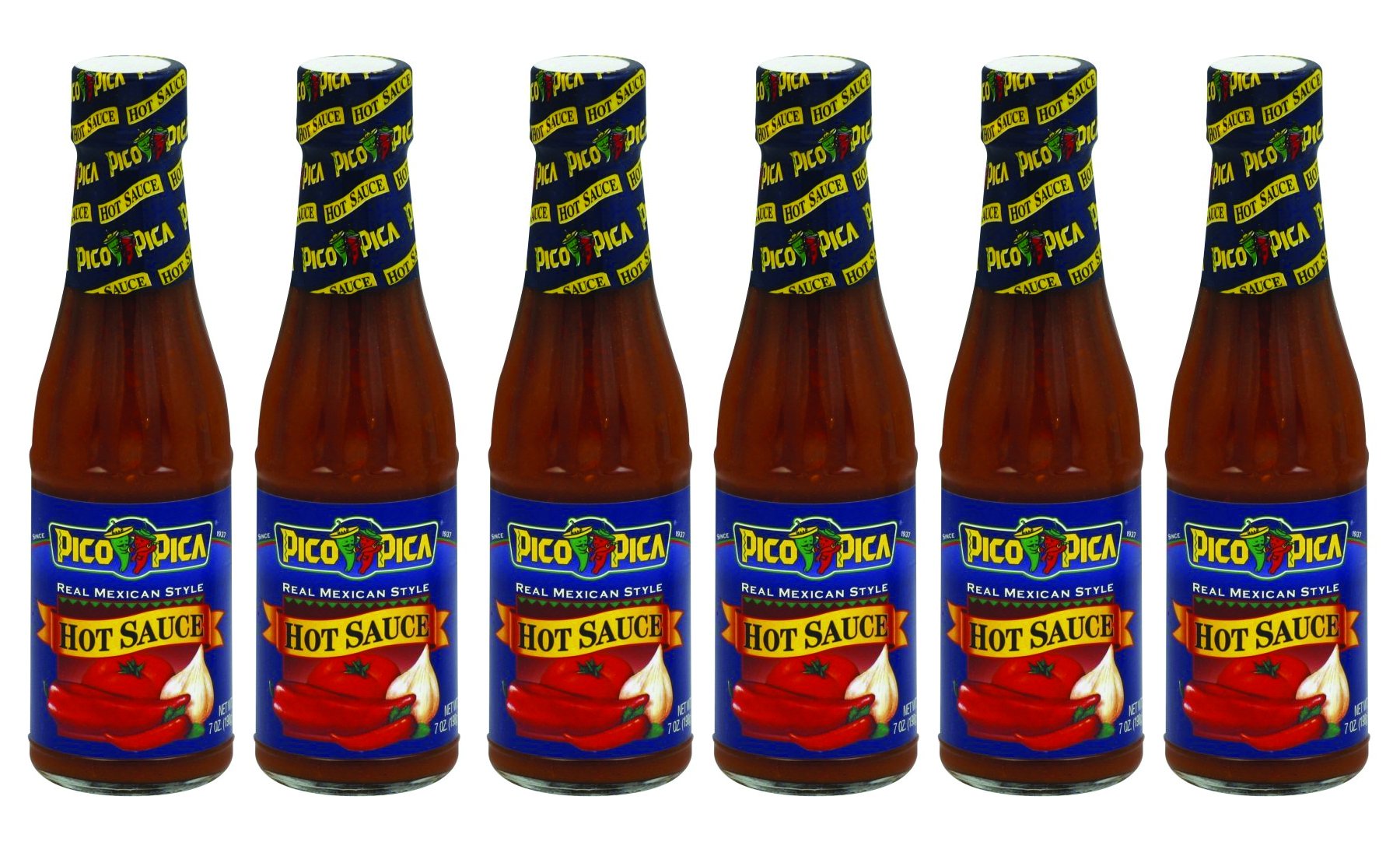 Pico Pica front label showing spicy sauce and clear bottle for easy identification