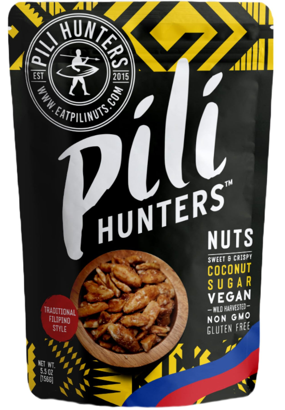 Pili Hunters front packaging showing crisp coconut sugar pili nuts and branding benefit