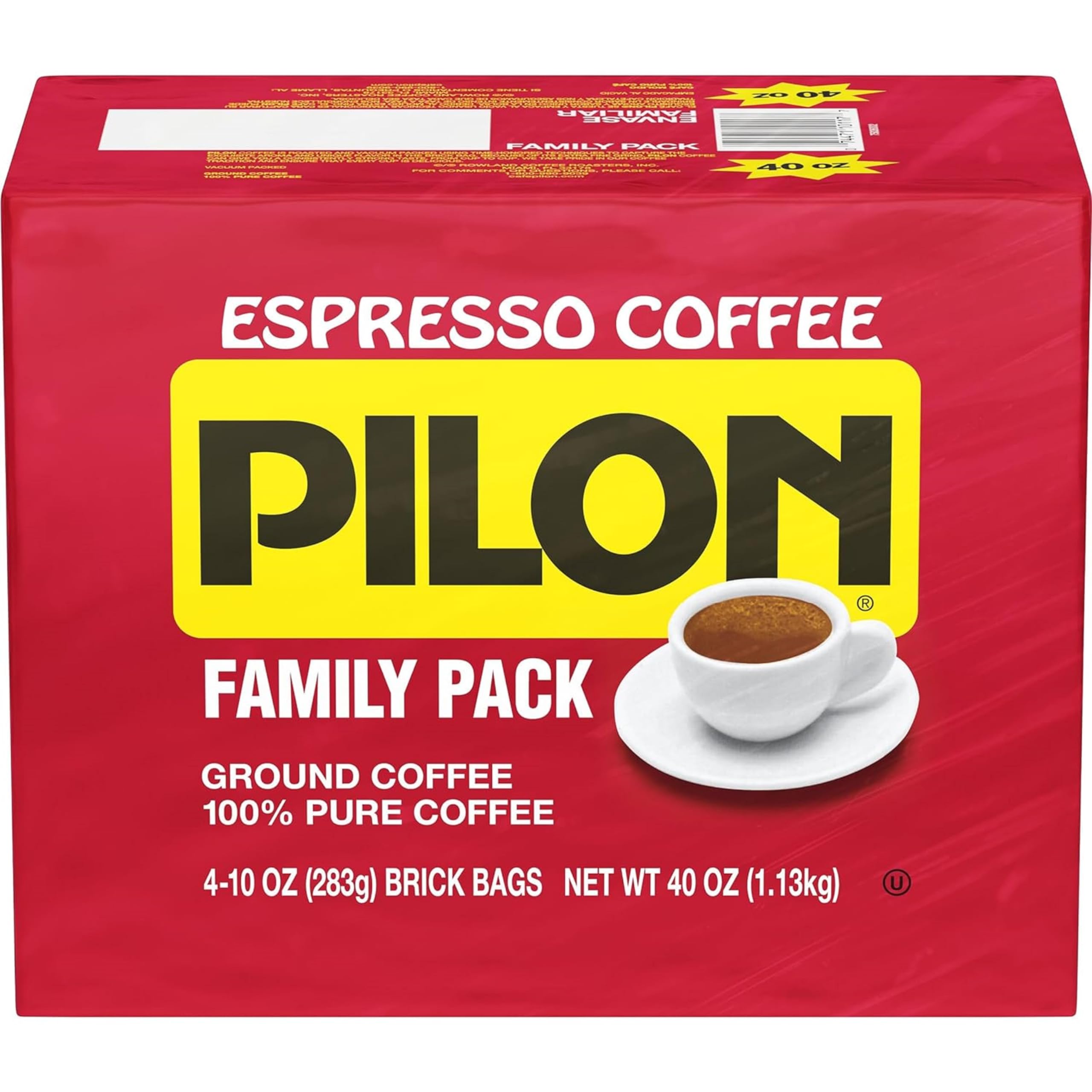 Pilon front packaging showing four 10 ounce bricks and easy storage benefit