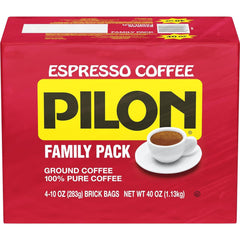 Pilon front packaging showing four 10 ounce bricks and easy storage benefit