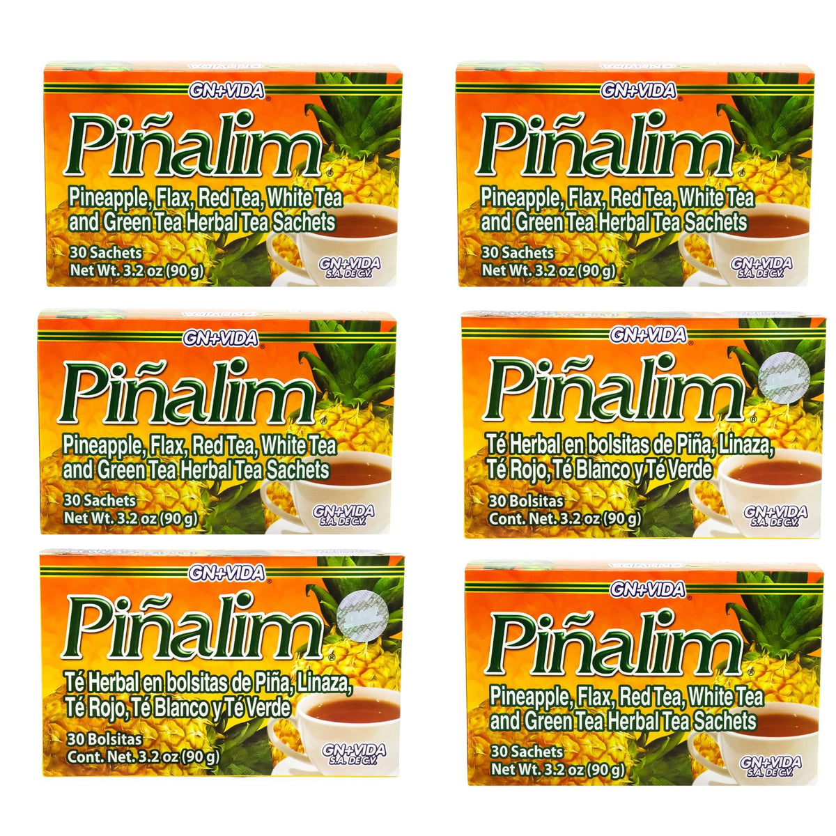 PIÑALIM front packaging showing six-box supply and pineapple branding