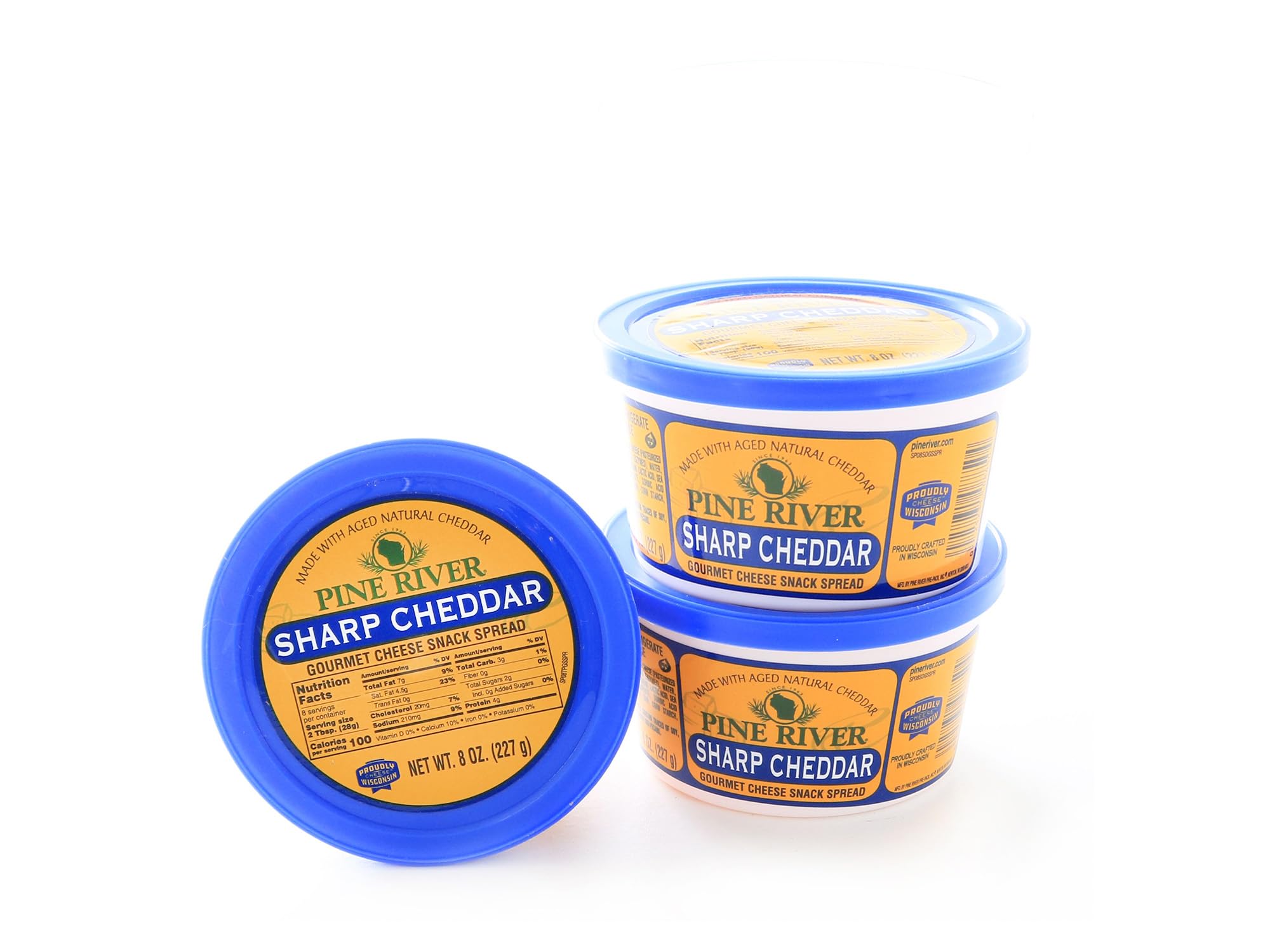 Pine River sharp cheddar tub front view showing label and easy-open lid for convenient snacking