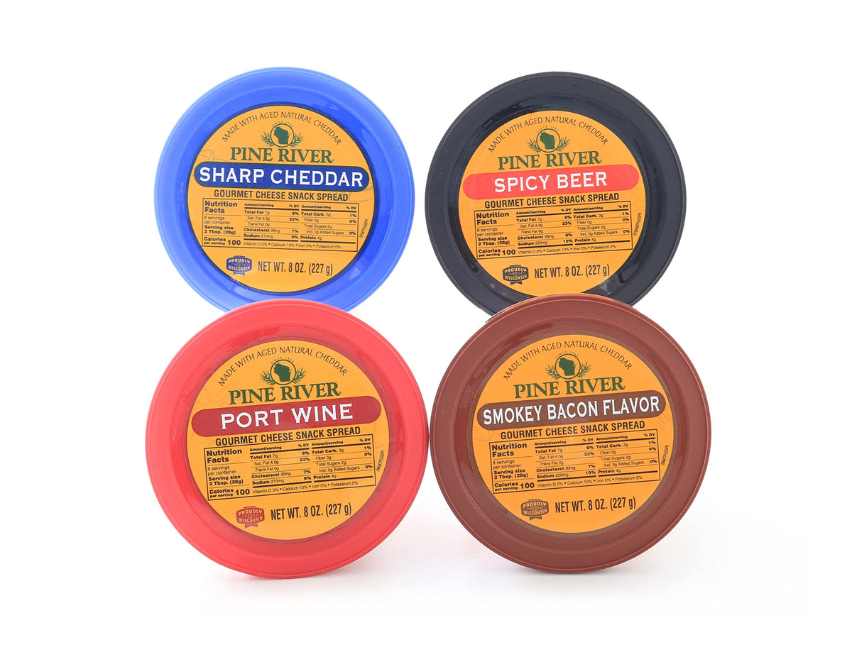 Wisconsin Cheese Mart Pine River front packaging showing four 8 oz tubs and flavor labels for easy selection
