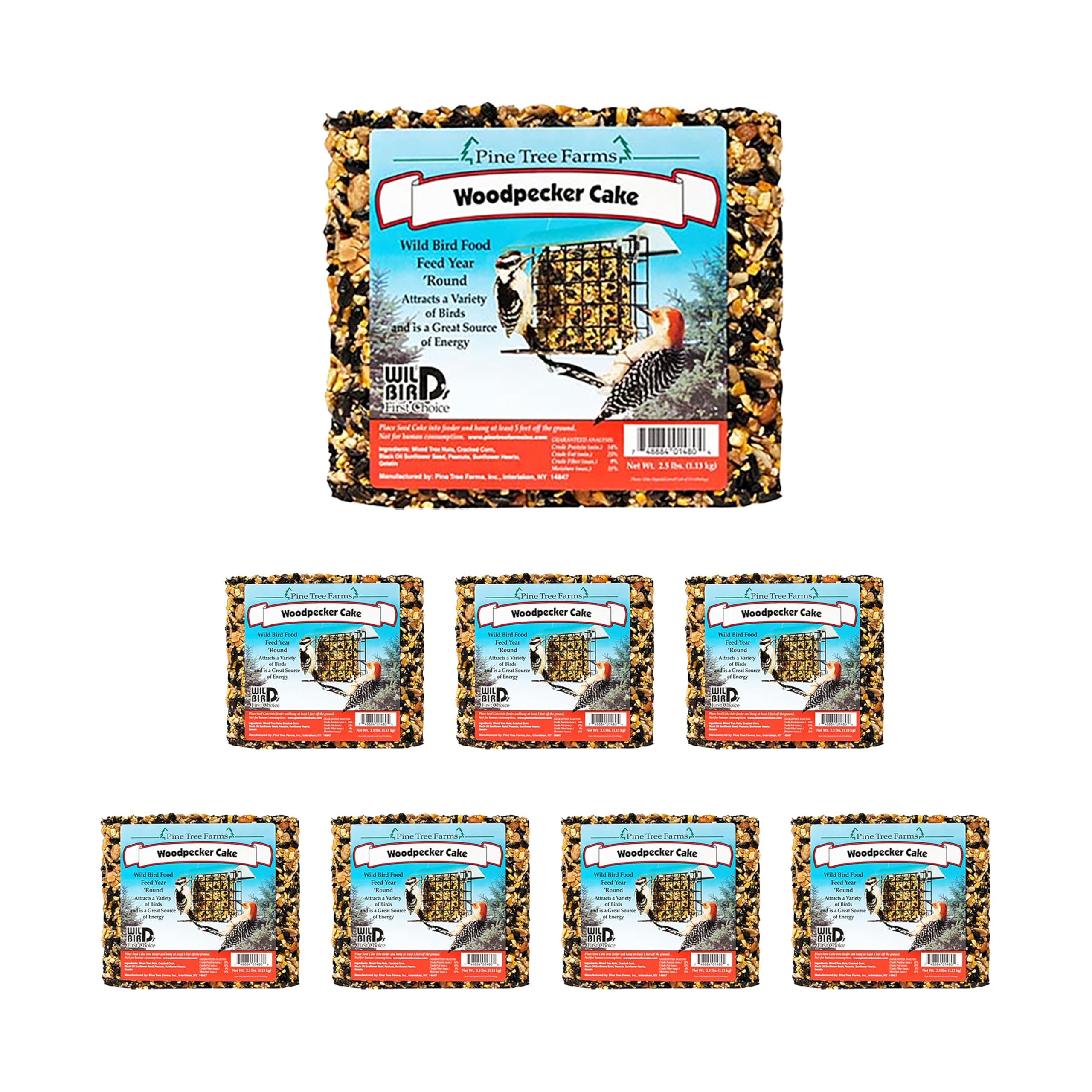 Pine Tree Farms front view of 2.5 lb woodpecker seed cake package showing product and pack benefits