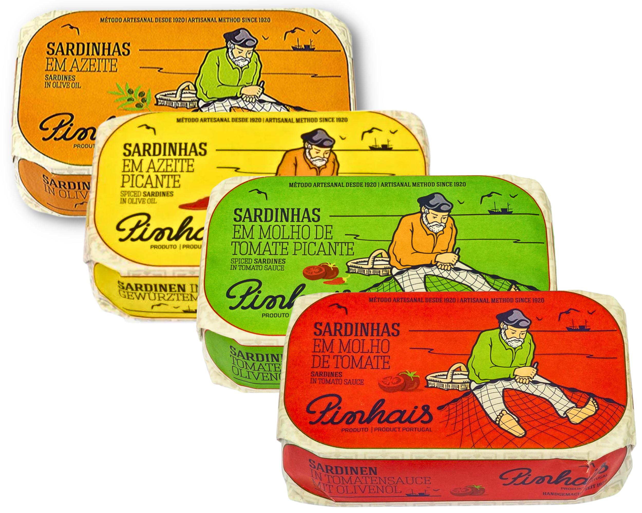 Pinhais front packaging showing four tins and variety benefits