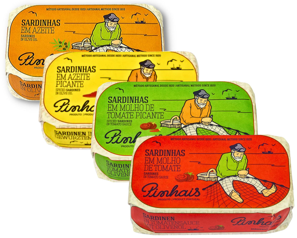 Pinhais front packaging showing four tins and variety benefits