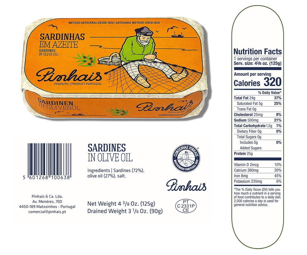 Pinhais olive oil regular open tin showing glossy fillets and rich oil