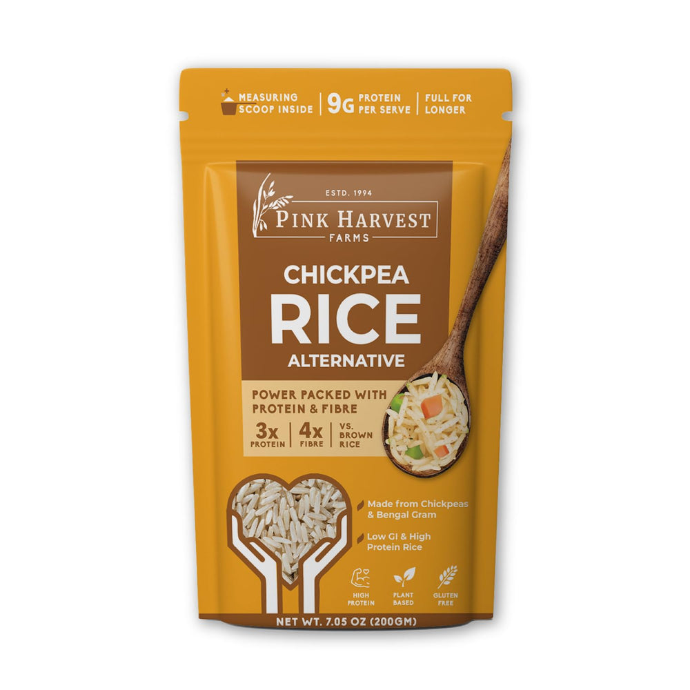 Pink Harvest nutrition label close-up showing protein and fibre per 100g