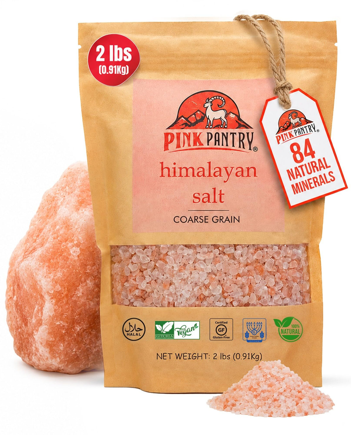 Pink Pantry front pouch view showing label and coarse salt — clear ingredient visibility