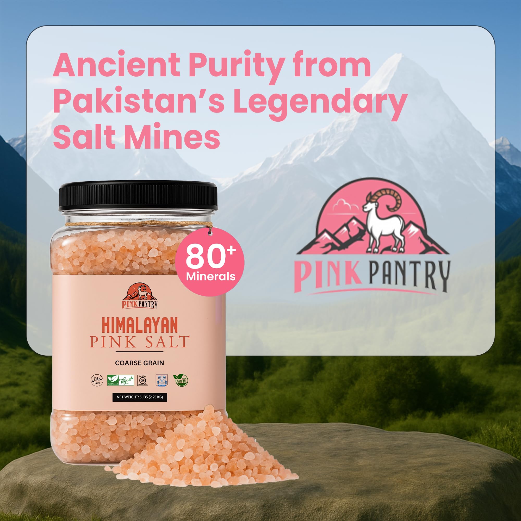 Pink Pantry coarse salt in measuring cup to show 5 lb jar scale
