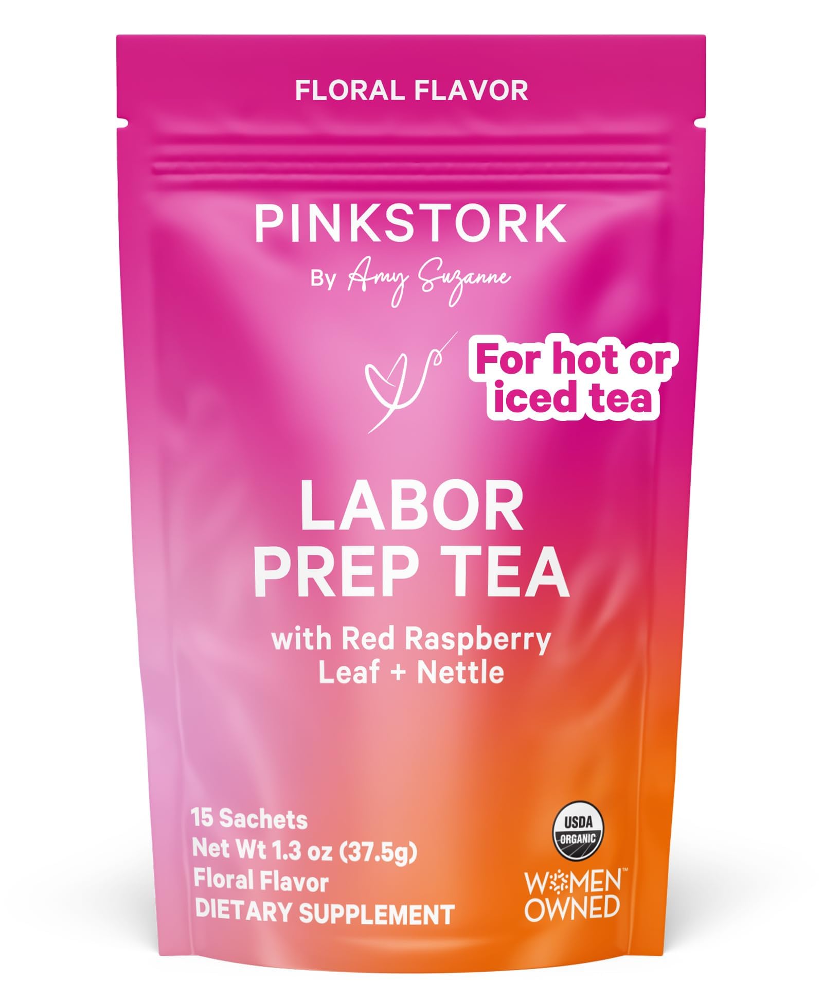Pink Stork front packaging showing labor prep tea and benefits