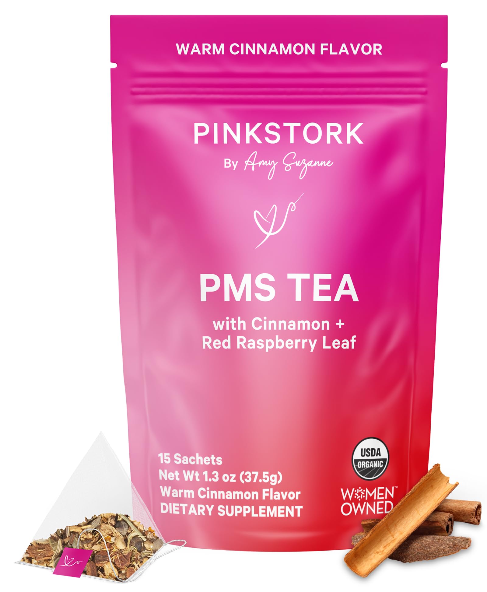 Pink Stork front packaging showing box and 30 tea cups for easy period support