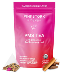 Pink Stork front packaging showing box and 30 tea cups for easy period support