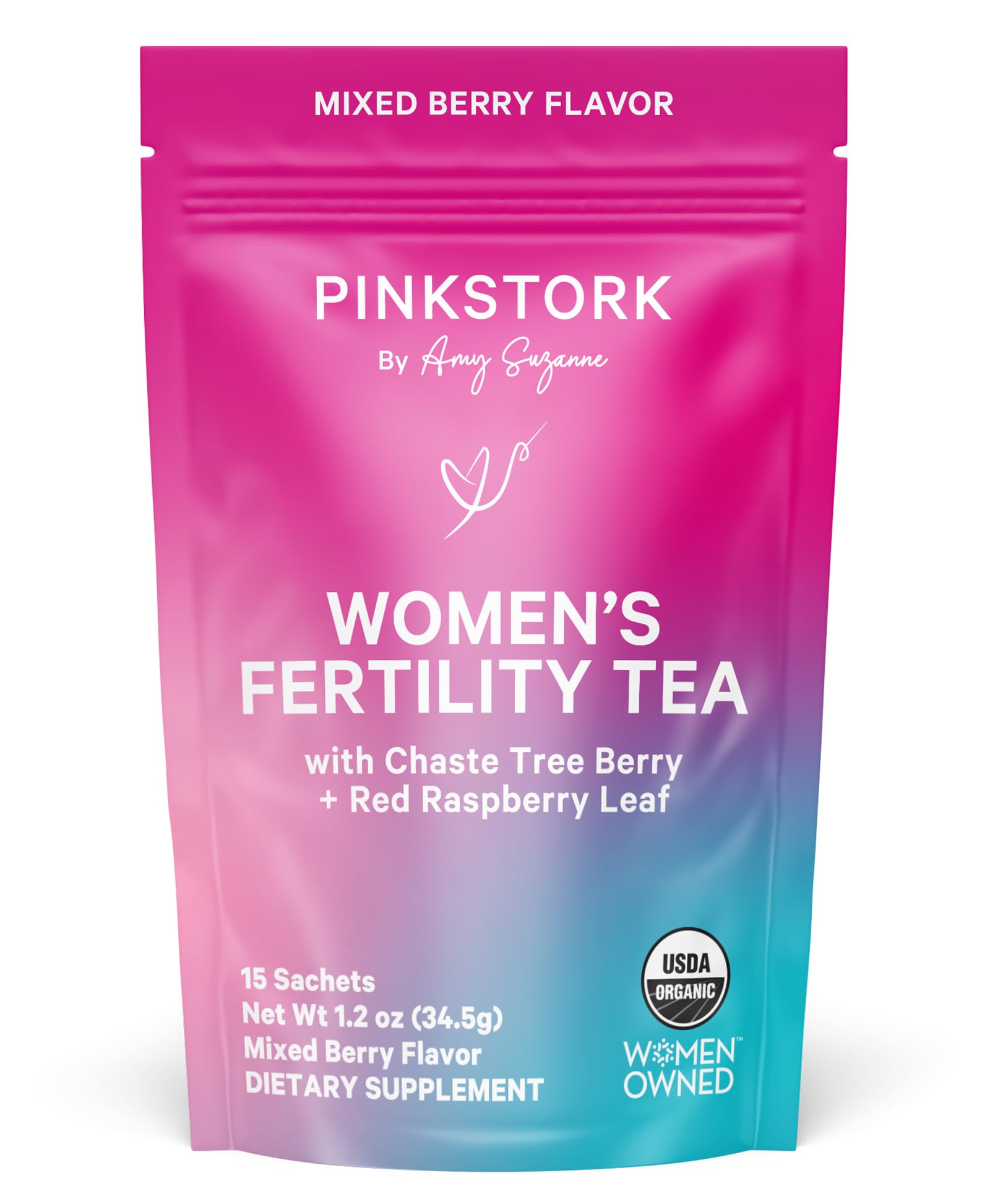 Pink Stork front pouch showing mixed berry fertility tea and organic seal benefits