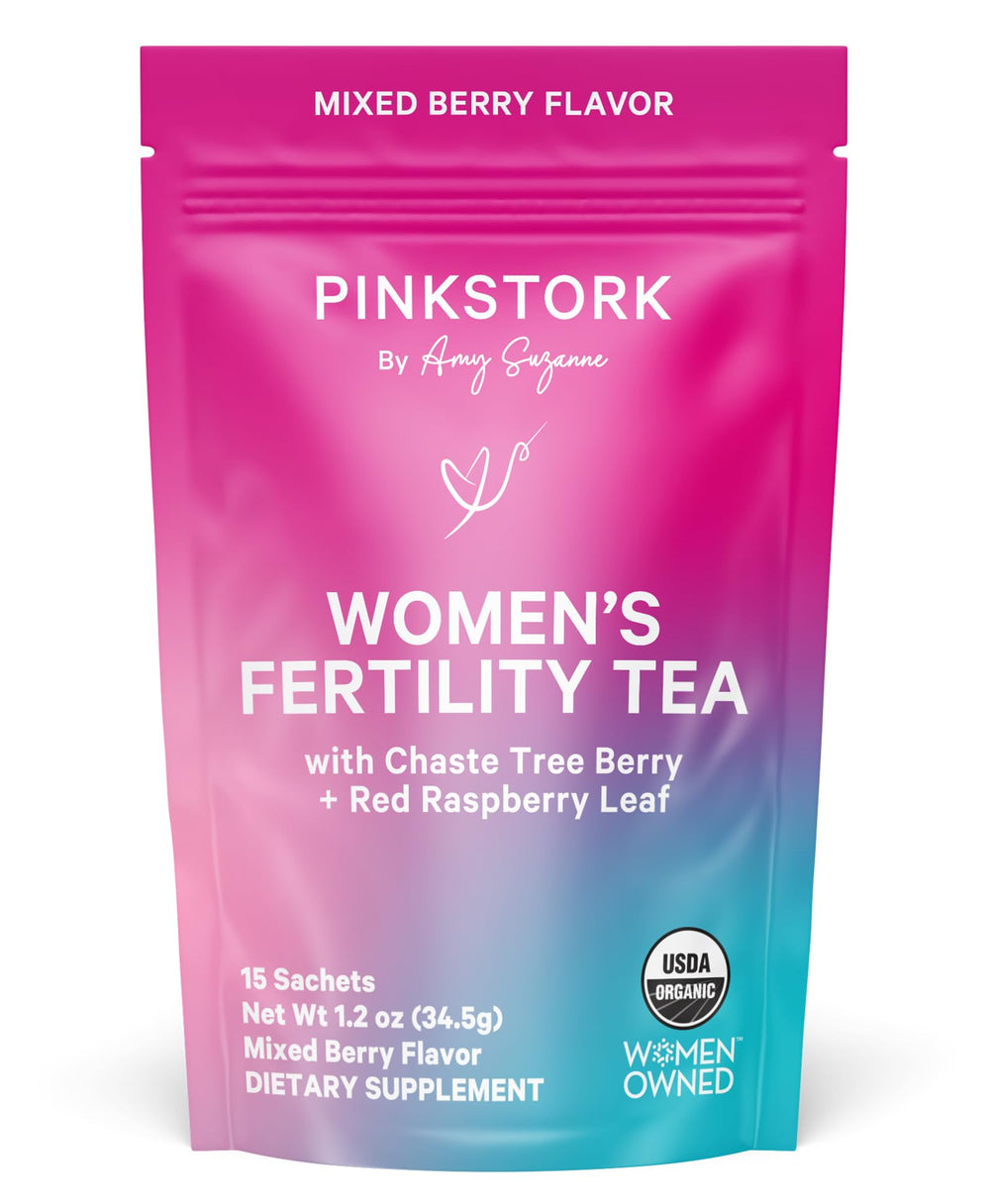 Pink Stork front pouch showing mixed berry fertility tea and organic seal benefits