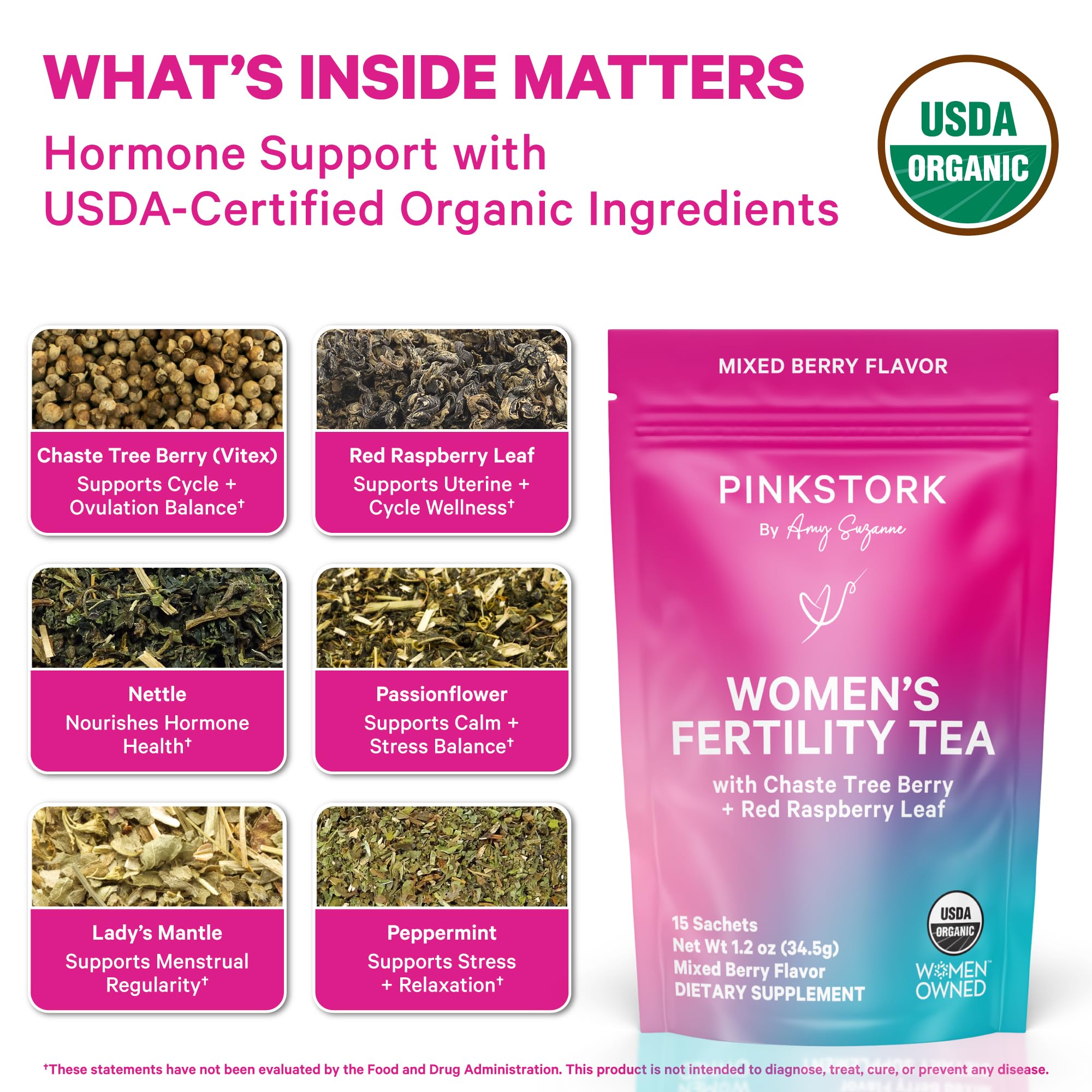 Pink Stork sachet close-up revealing compostable texture and easy steep benefit