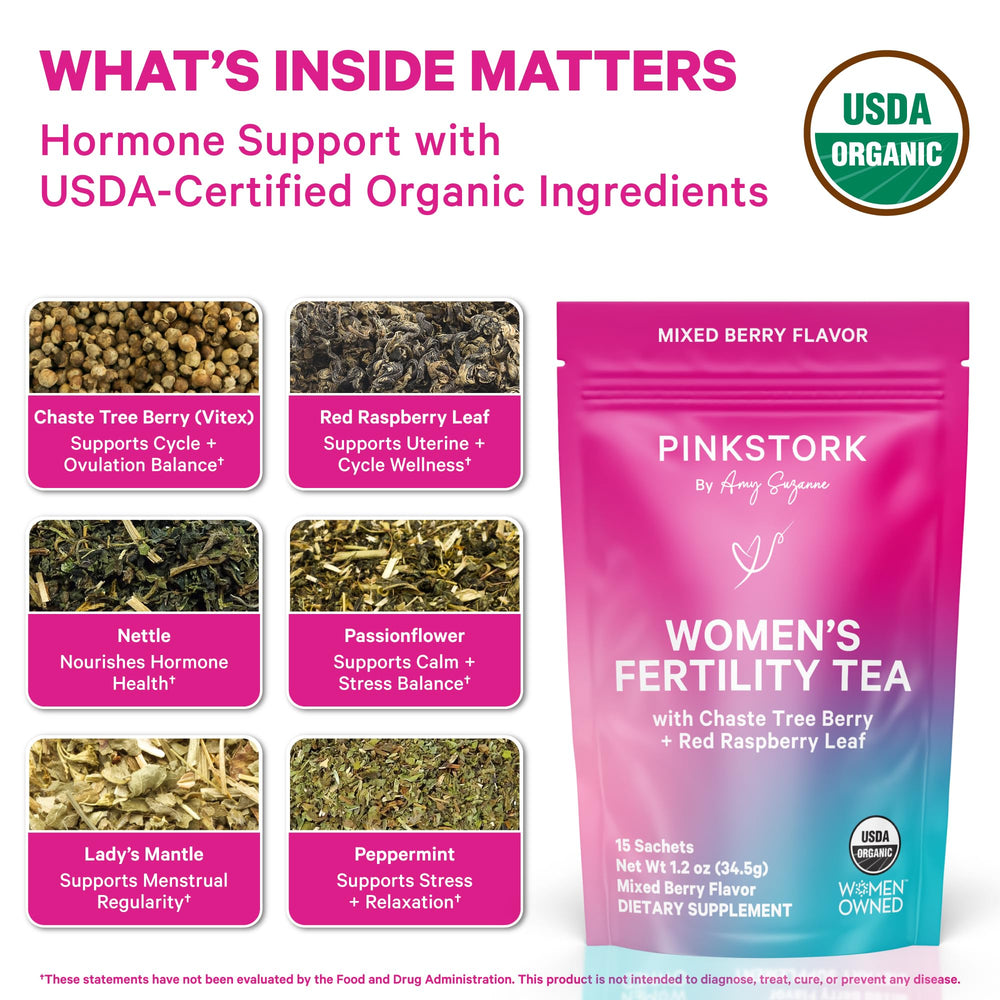 Pink Stork sachet close-up revealing compostable texture and easy steep benefit