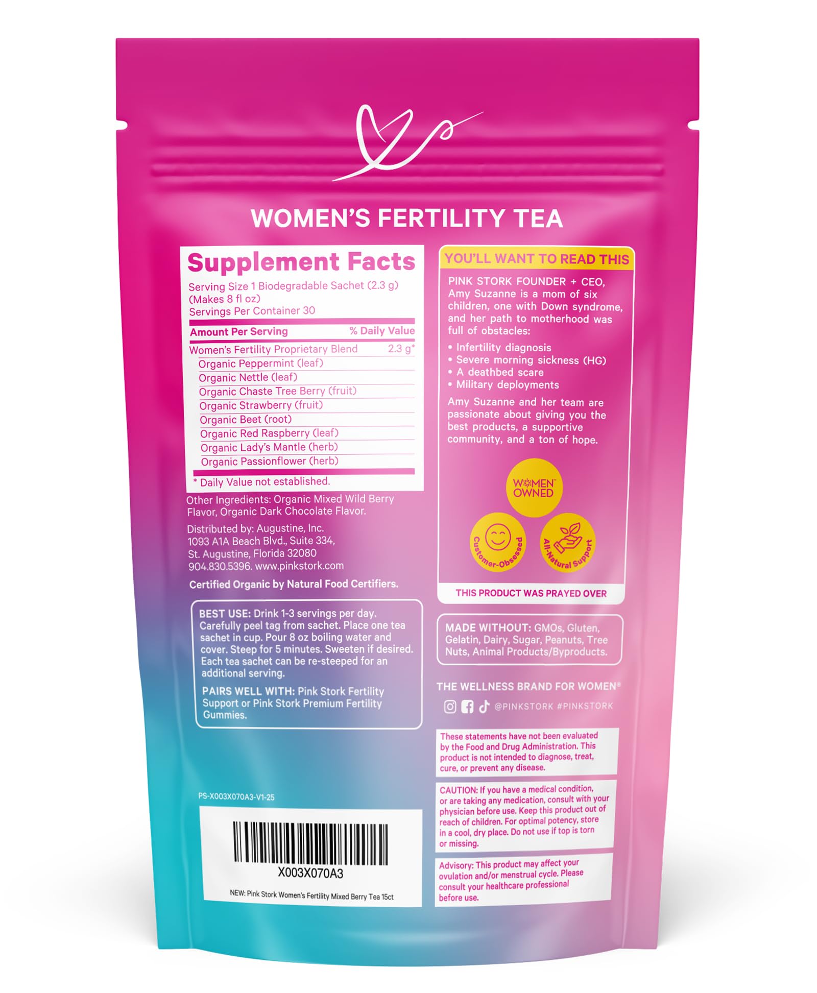 Pink Stork pouch beside measuring scale demonstrating 15-sachet monthly supply benefit