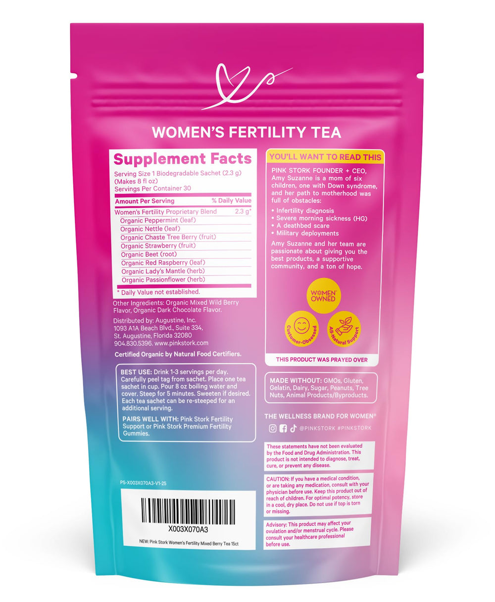 Pink Stork pouch beside measuring scale demonstrating 15-sachet monthly supply benefit