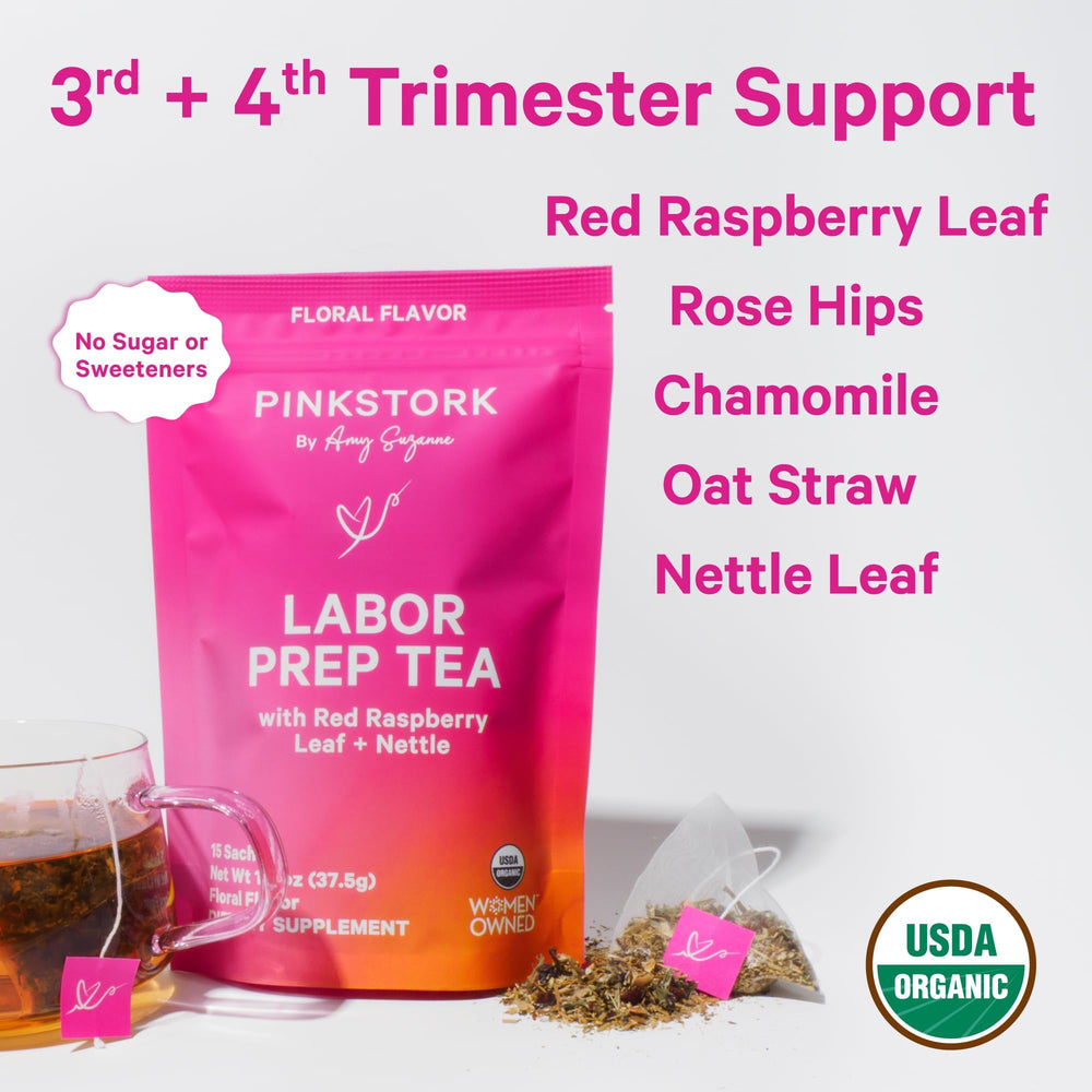 Pink Stork pouring a hot cup of brewed labor prep tea, calming sip
