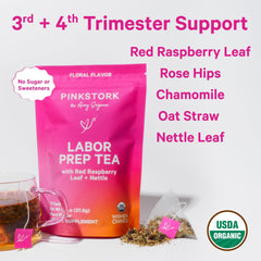 Pink Stork pouring a hot cup of brewed labor prep tea, calming sip