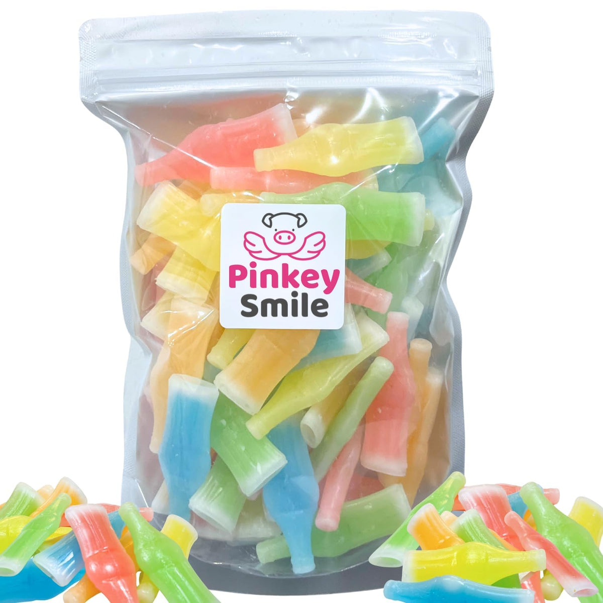 Pinkey Smile front packaging showing resealable bag and colorful bottles for easy storage