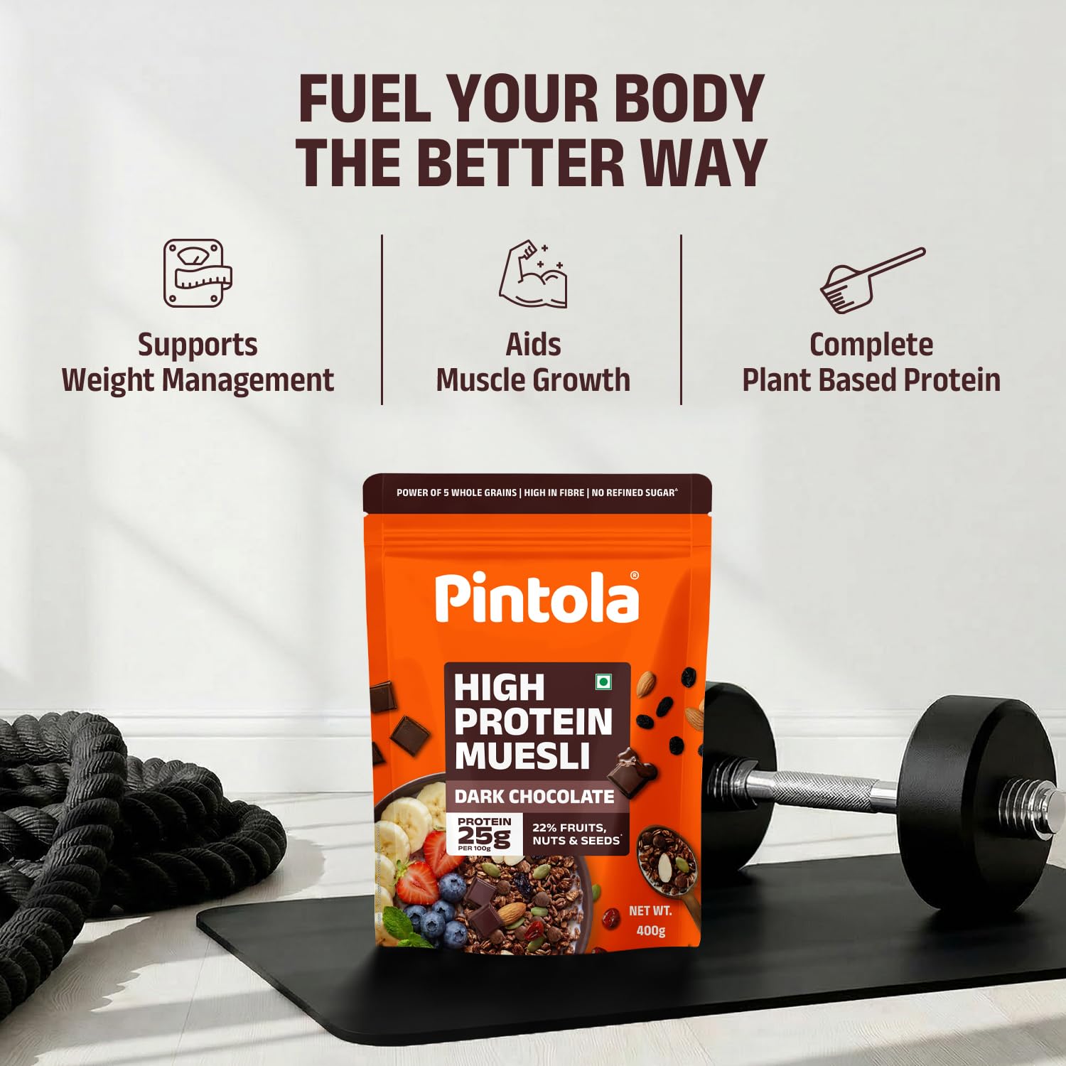 Pintola pouring muesli from pack to bowl showing easy preparation