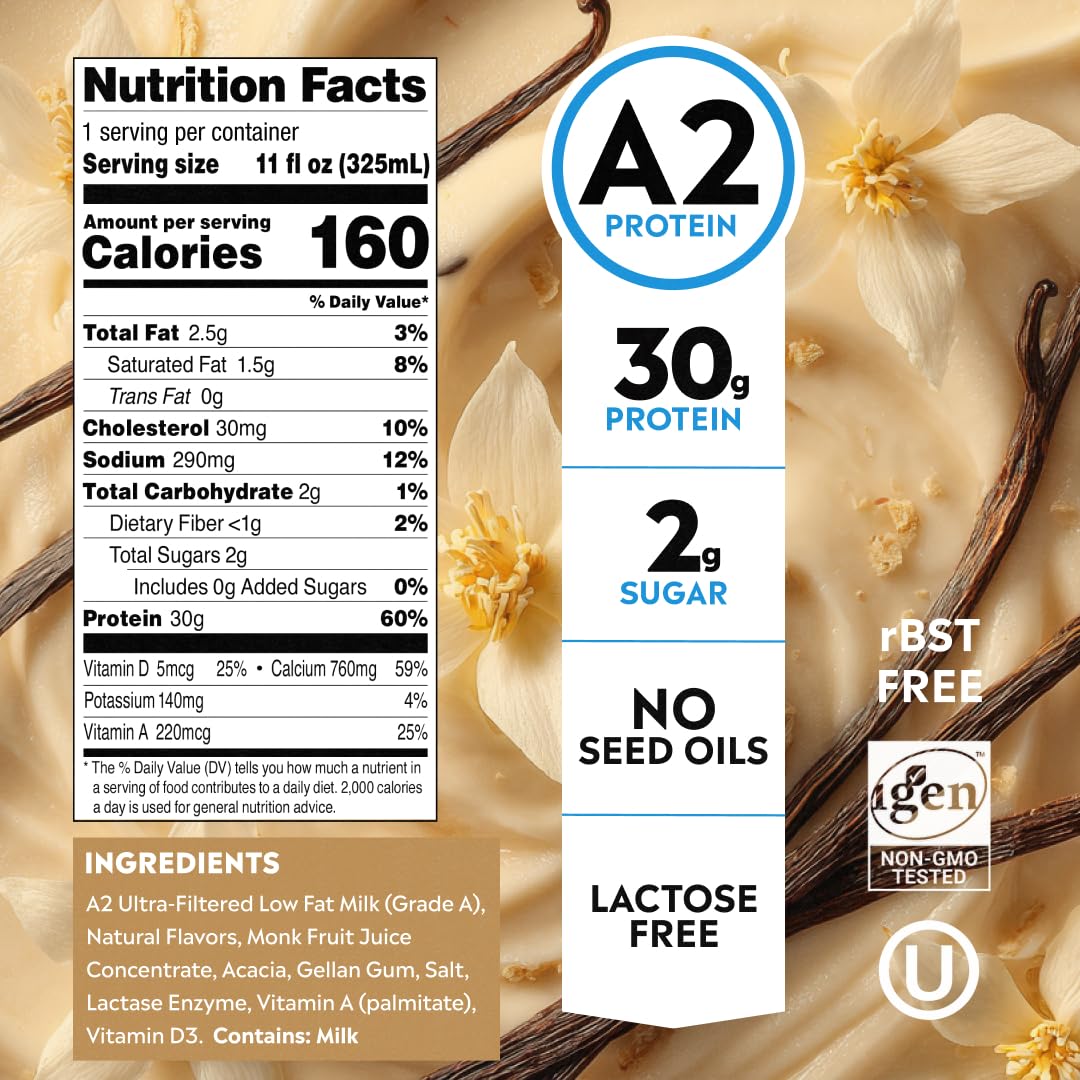 Pioneer Pastures side label close-up highlighting ingredient and A2 milk details