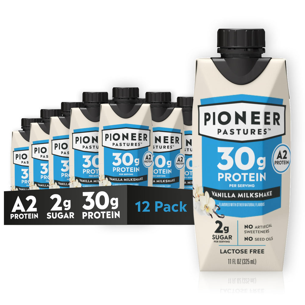Pioneer Pastures front packaging showing 12-pack convenience and nutrition benefits